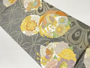 丸文に花々・蝶・鳳凰模様織出し全通袋帯